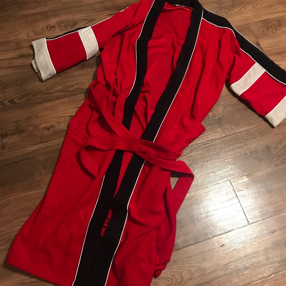 PLUSH AND COZY Red Robe with Black & White Trim ONE SIZE FITS MOST